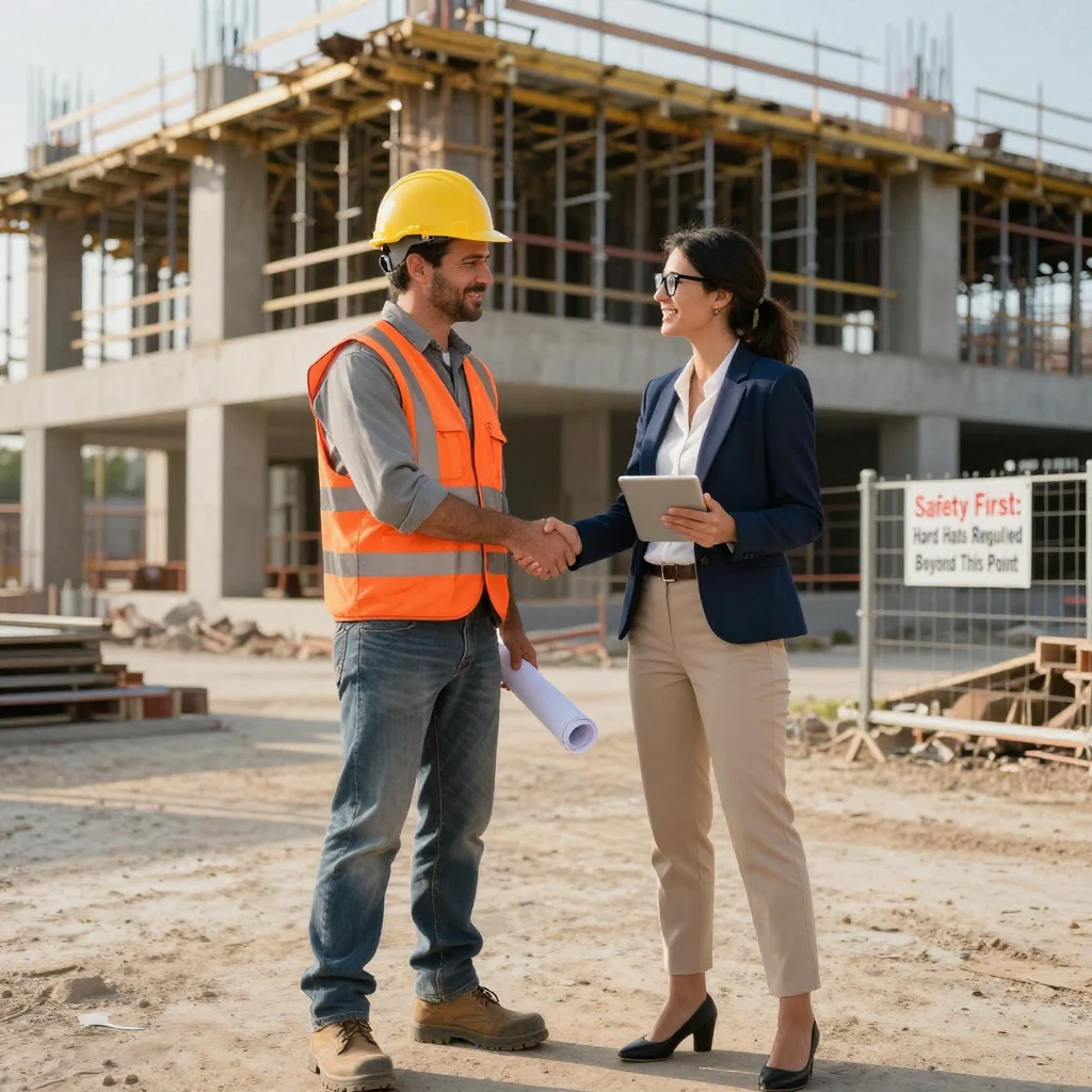 A construction worker and architect shaking hands in front of a half-built structure.