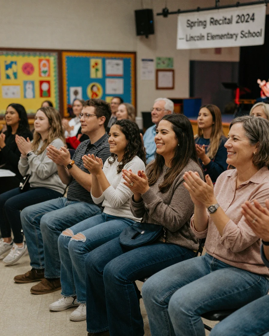 A family attending a child's school recital, clapping proudly from the audience.