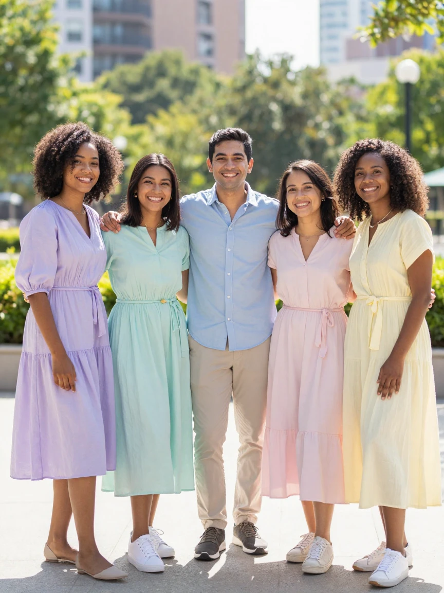 A group of friends posing together in coordinated pastel outfits.