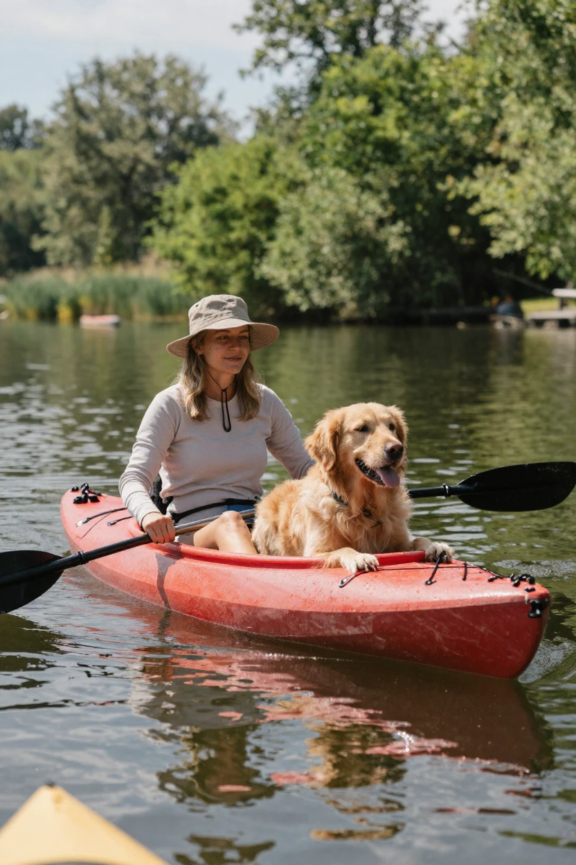 A woman kayaking with her dog sitting at the front of the boat.
