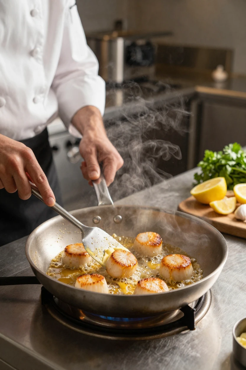 A chef searing scallops in a hot pan with butter.