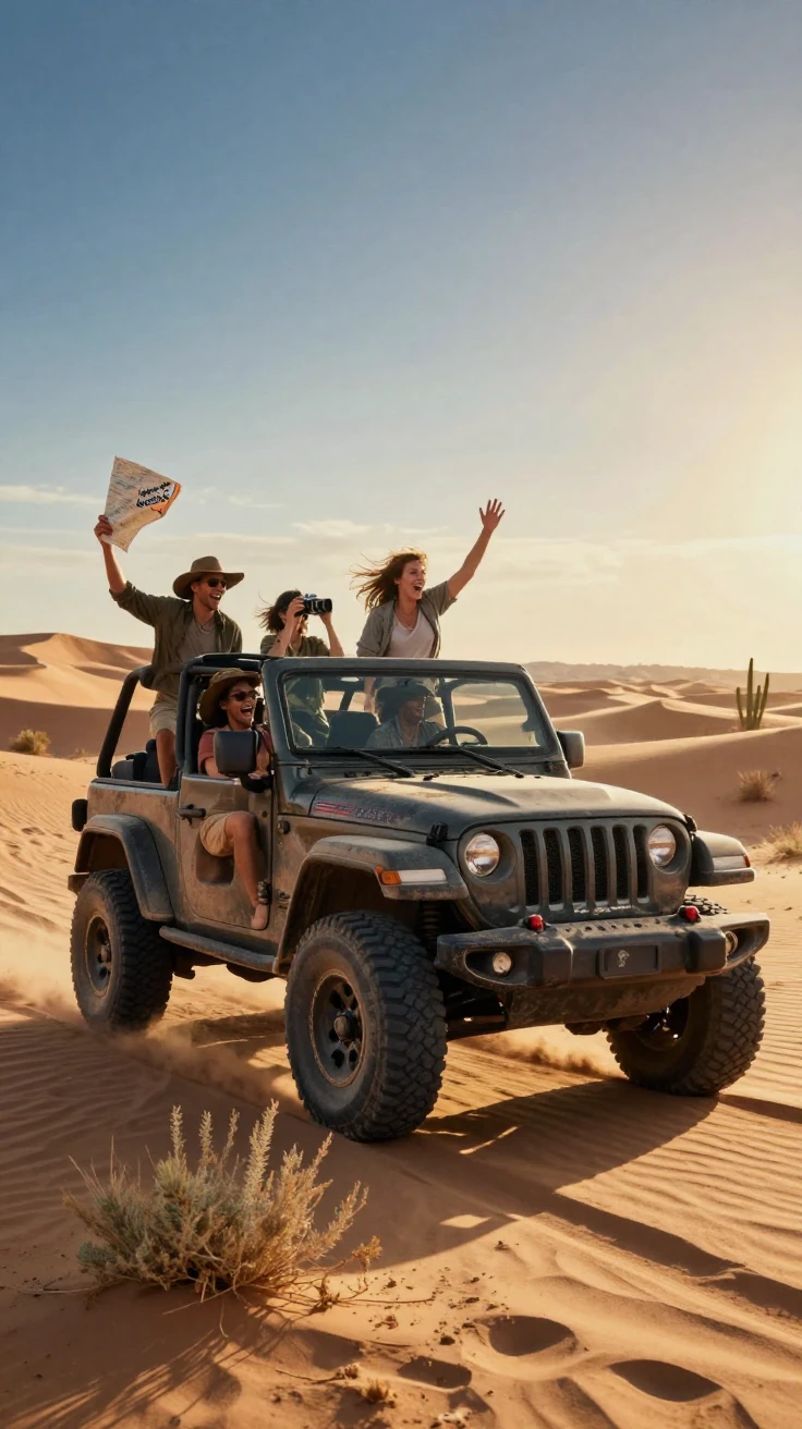 A group of friends off-roading in a jeep through a desert landscape.