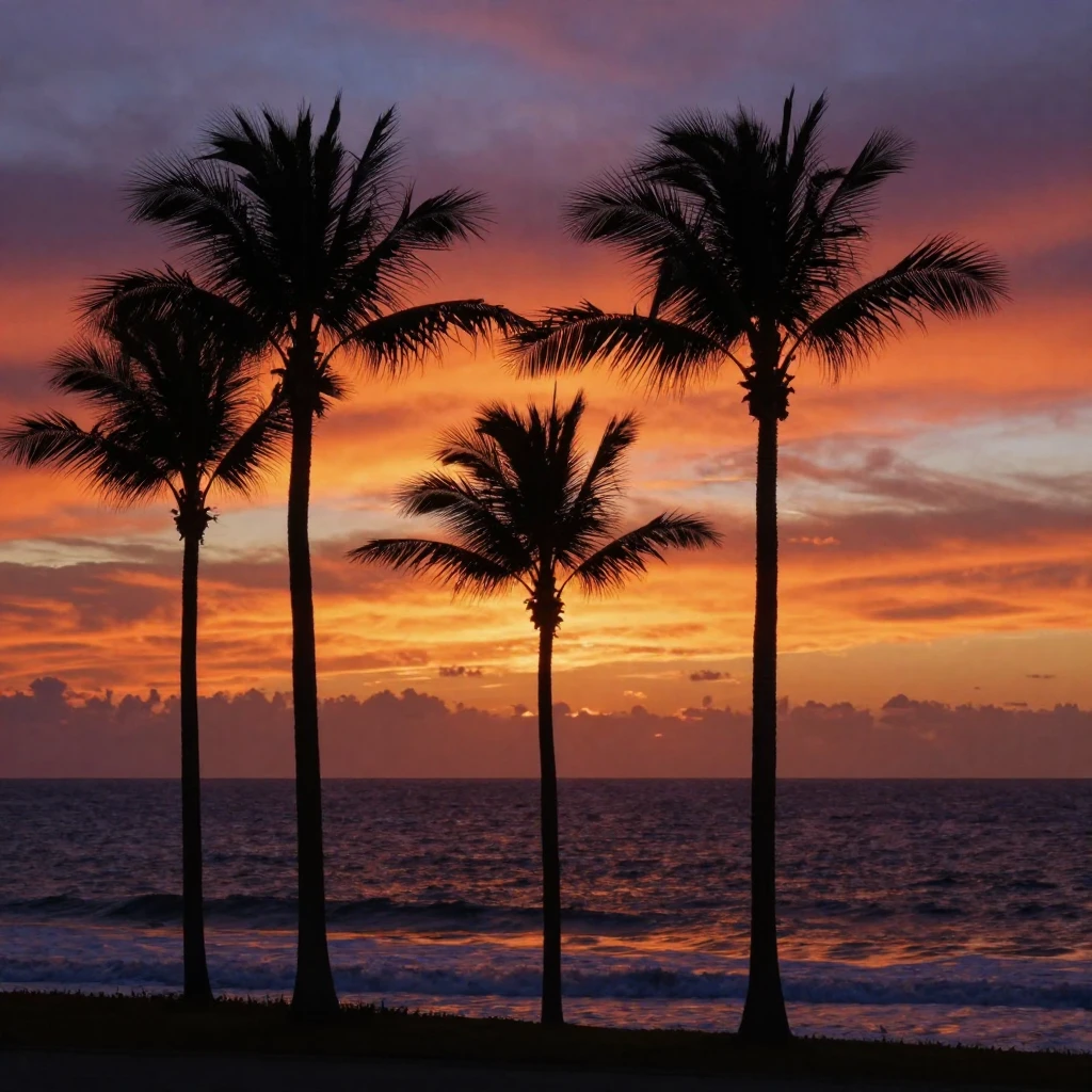 A dramatic sunset over the ocean with silhouetted palm trees.