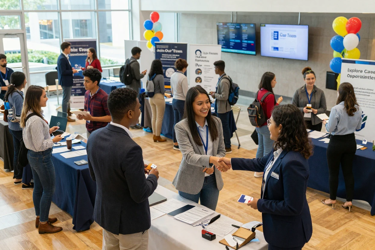A group of college students networking at a career fair.