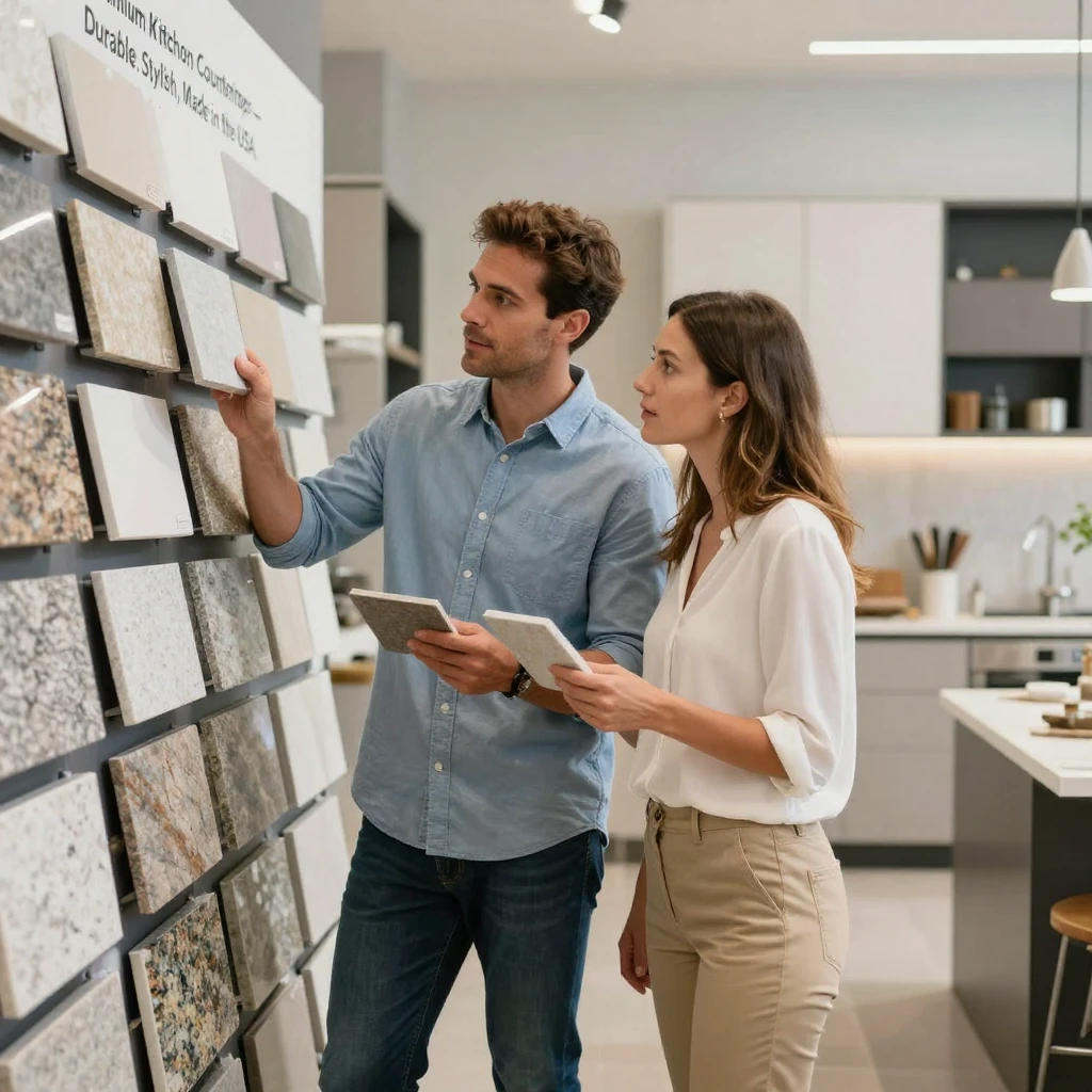 A couple picking out kitchen countertop samples at a showroom.