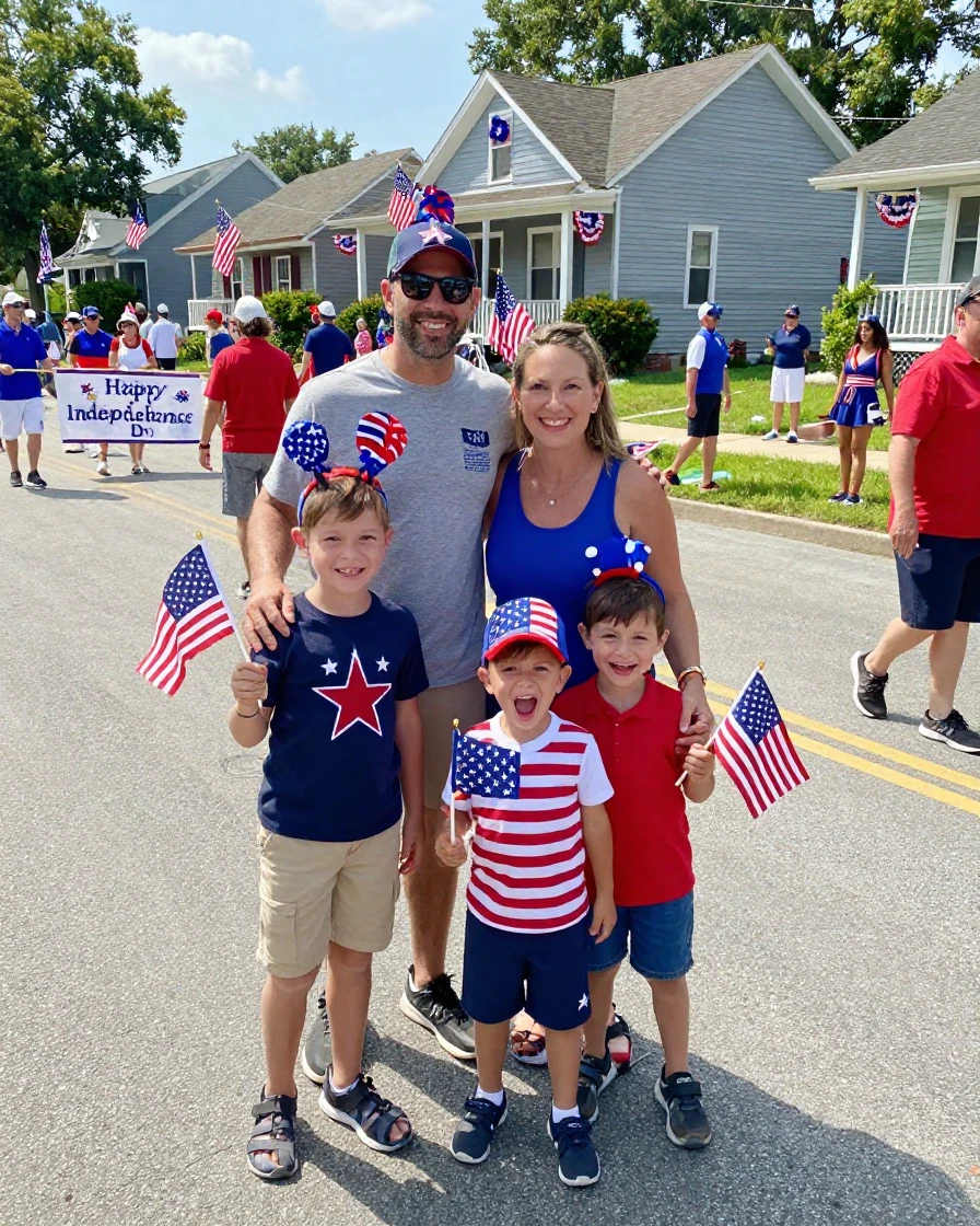 A family posing together at a festive Fourth of July parade.