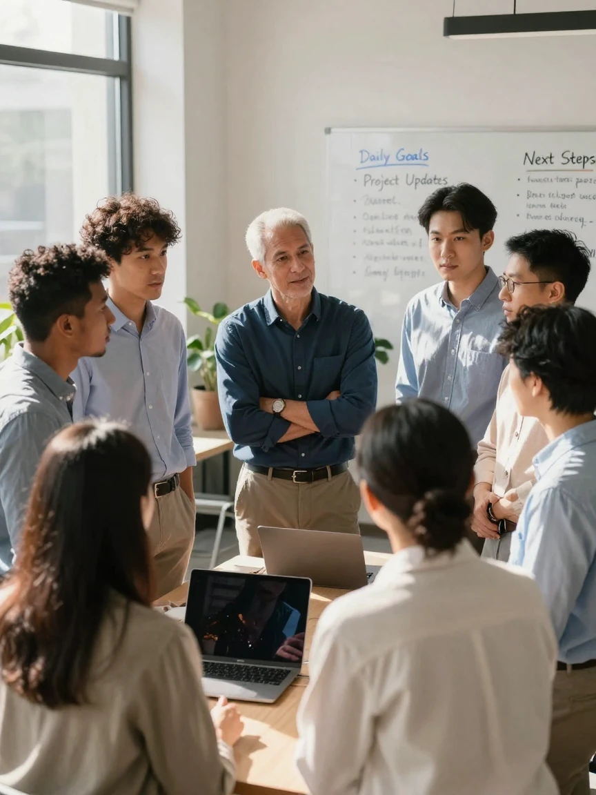 A team of employees in a huddle during a quick morning stand-up meeting.