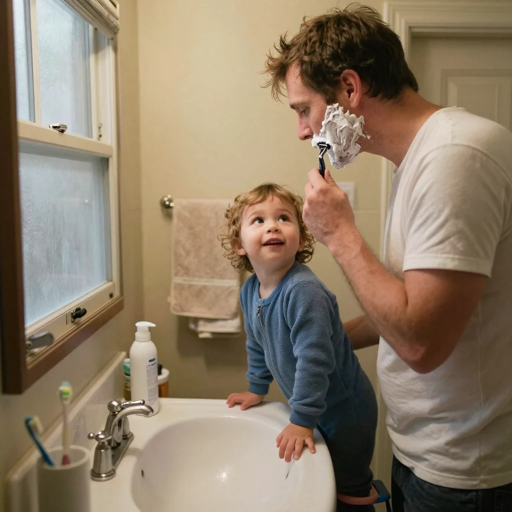 A father shaving in the bathroom mirror while his toddler watches curiously.