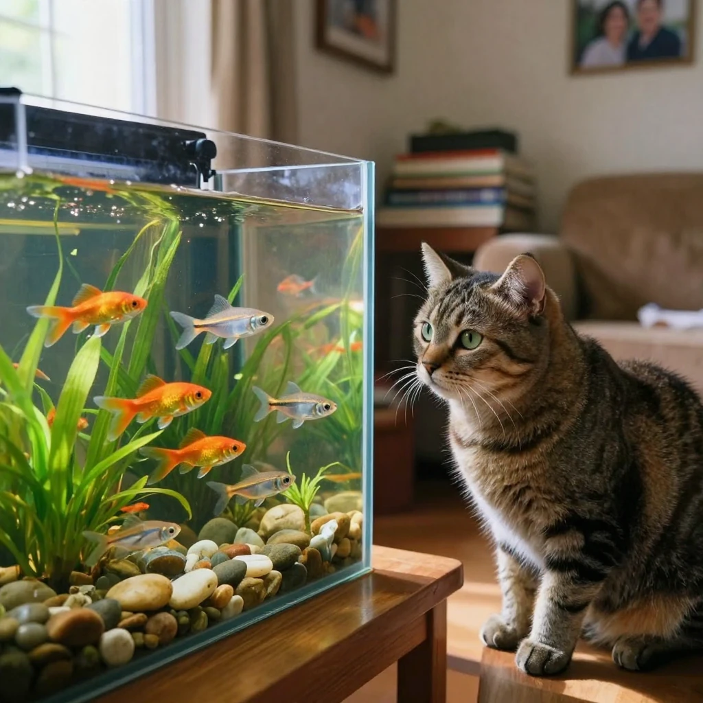 A cat watching fish swim in a home aquarium.