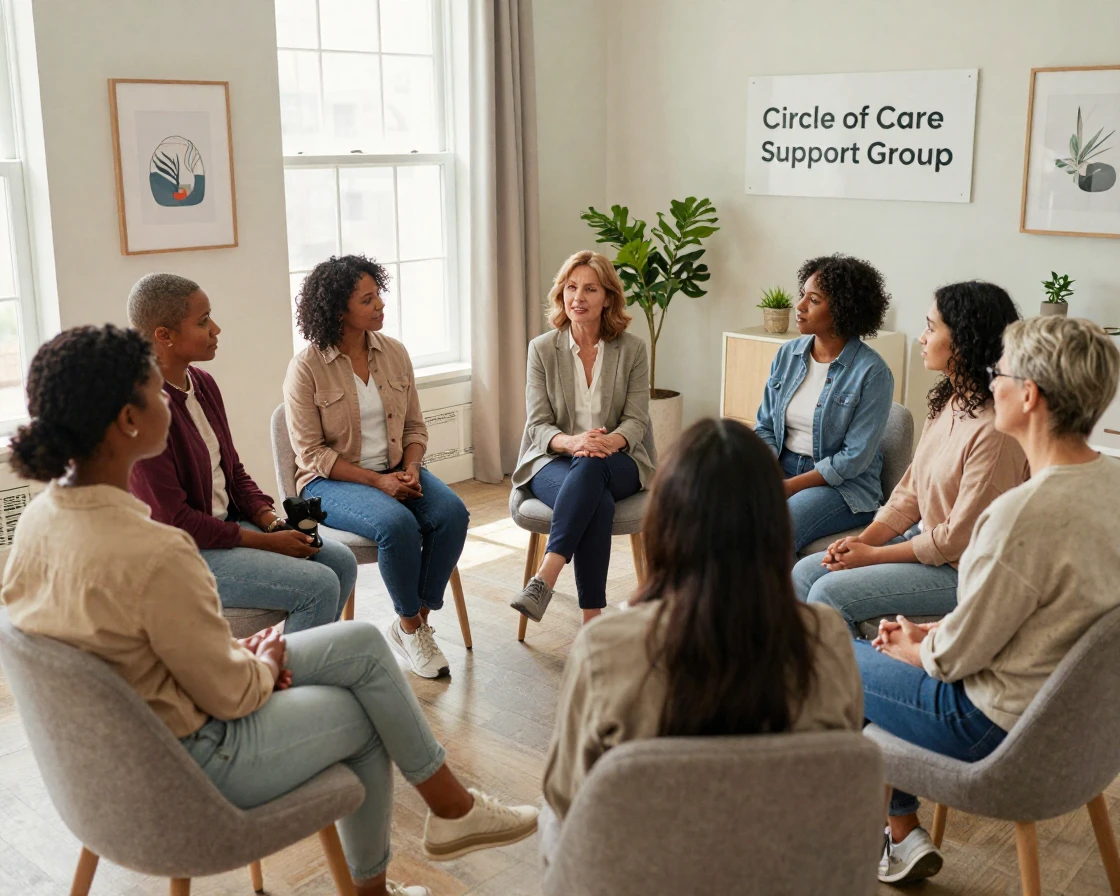 A therapist leading a group support session in a circle of chairs.