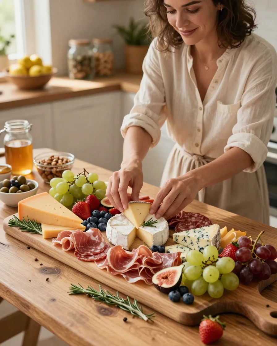 A woman making a charcuterie board with cheese, meats, and fruit.