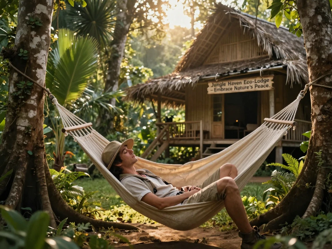 A traveler sleeping in a hammock at a jungle eco-lodge.