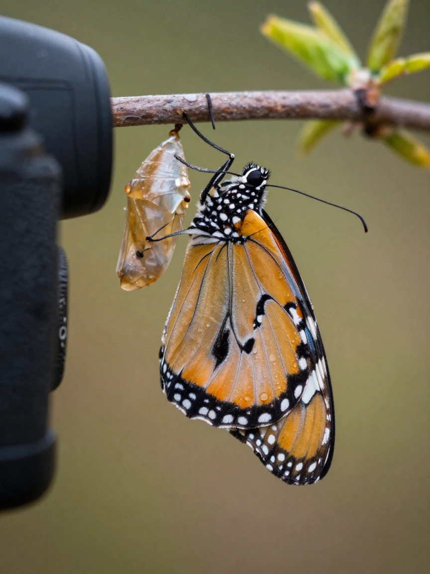 A close-up of a butterfly emerging from its chrysalis.