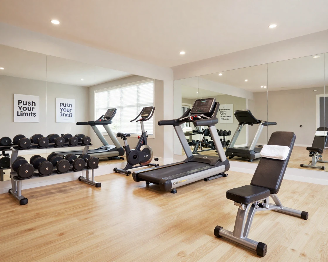 A staged home gym with modern equipment and large mirrors.