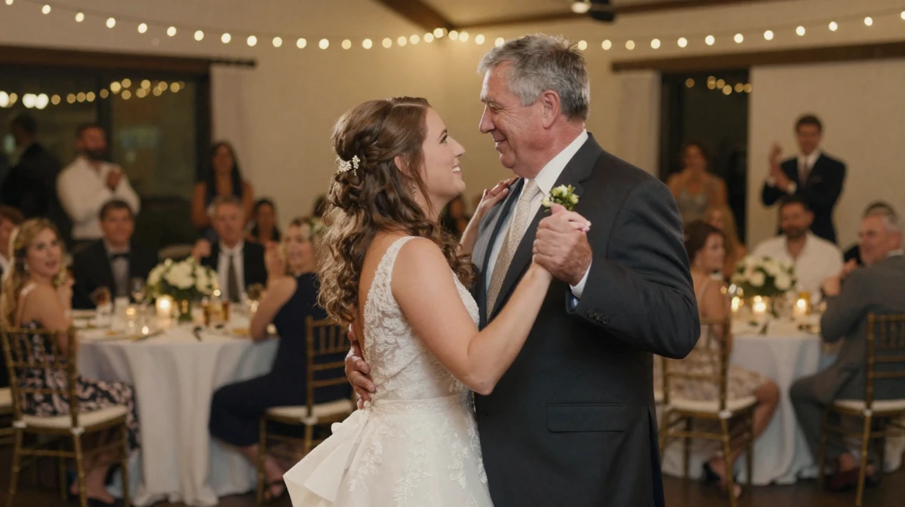A bride dancing with her father during the father-daughter dance.