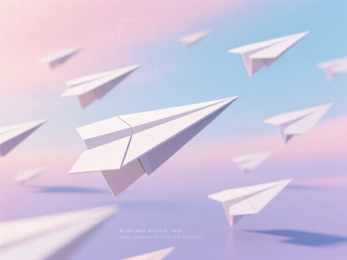 Abstract 3D render of floating paper airplanes in a pastel sky.