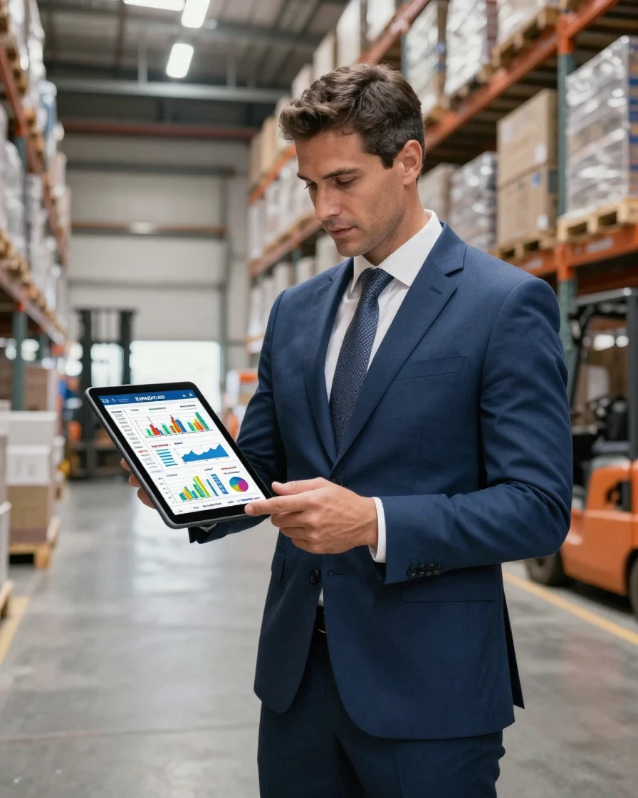 A businessman checking a supply chain dashboard on a warehouse floor tablet.
