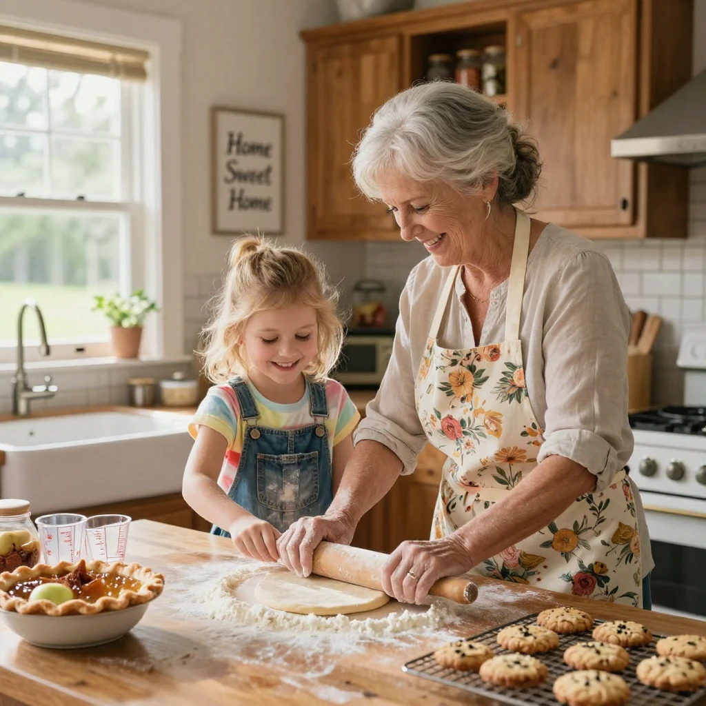 A grandmother and granddaughter baking a pie together in a farmhouse kitchen.