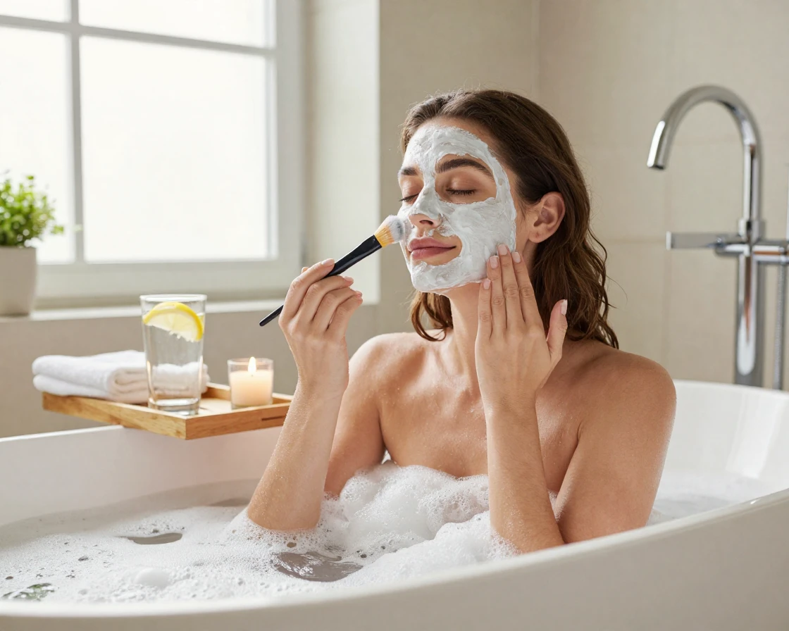 A woman applying a face mask while relaxing in a bathtub.