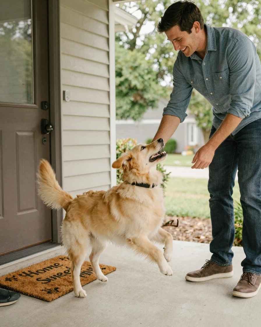 A dog greeting its owner joyfully after they arrive home from work.