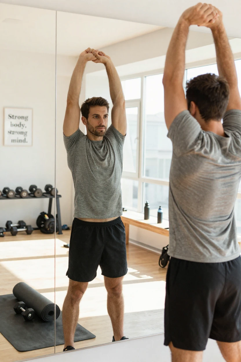 A man checking his posture in a mirror during a stretching routine.