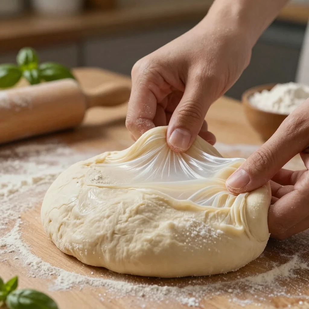 A close-up of dough being stretched thin for homemade pizza.