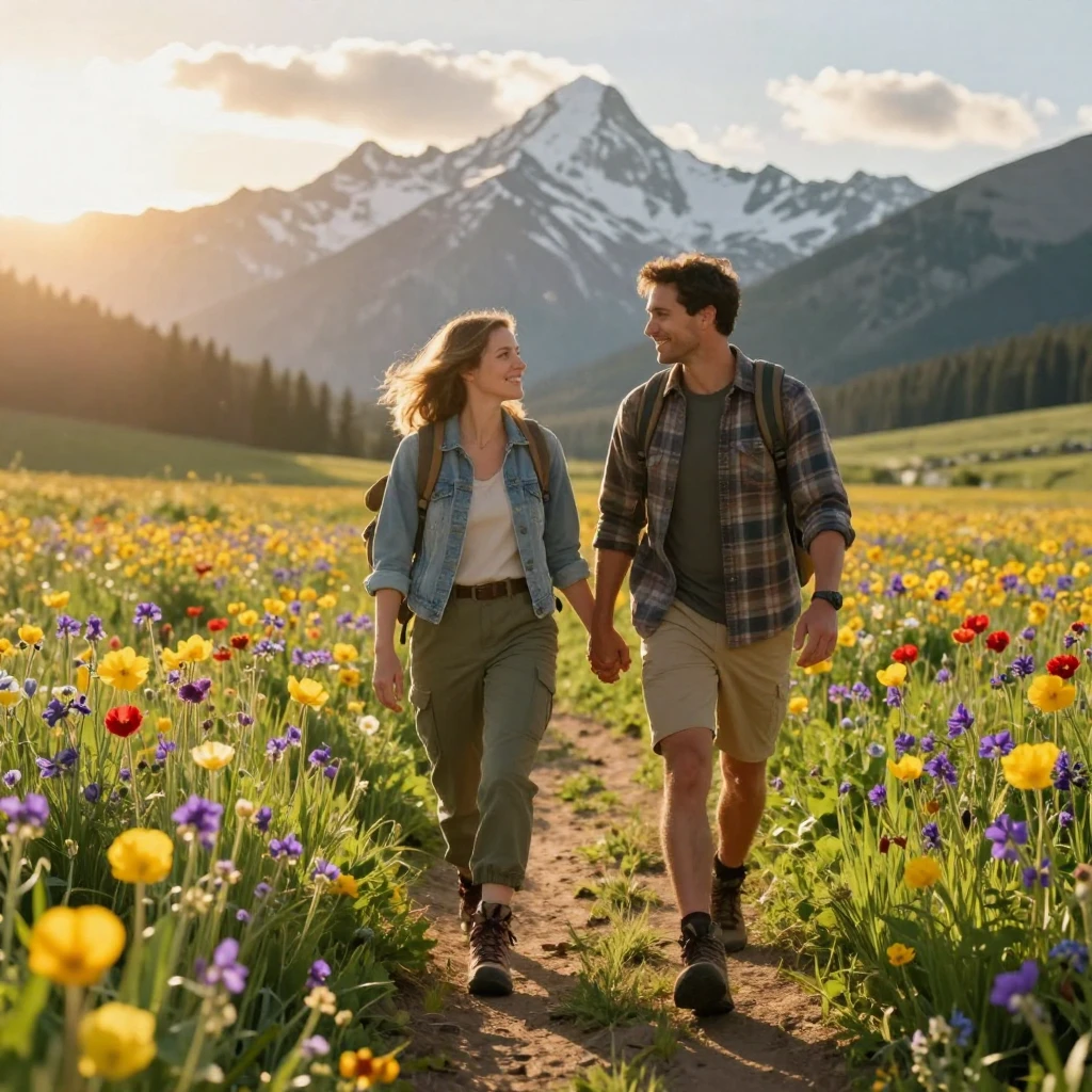 A couple hiking through a field of wildflowers with mountains in the distance.