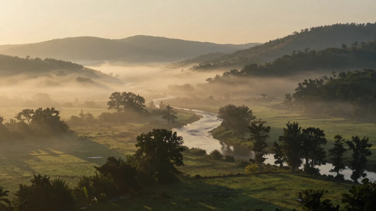 A dense fog rolling over a quiet valley at sunrise.
