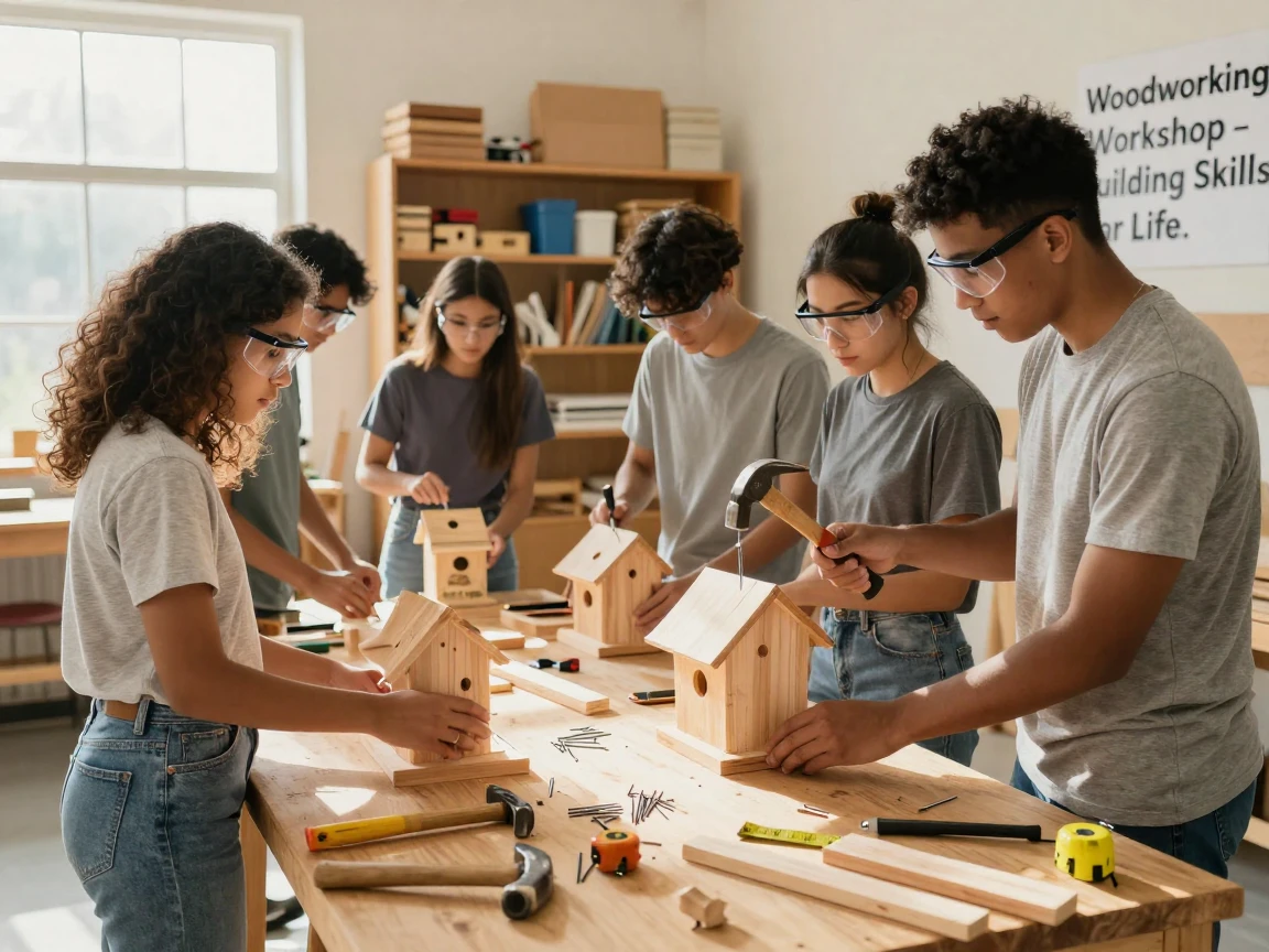 A group of students building a birdhouse in a woodworking class.