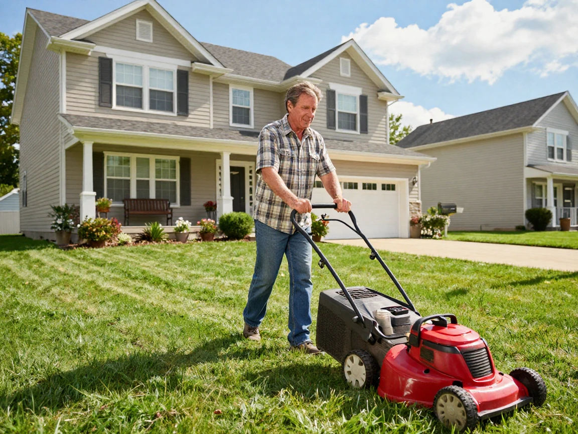 A homeowner mowing the lawn of a suburban house on a sunny day.