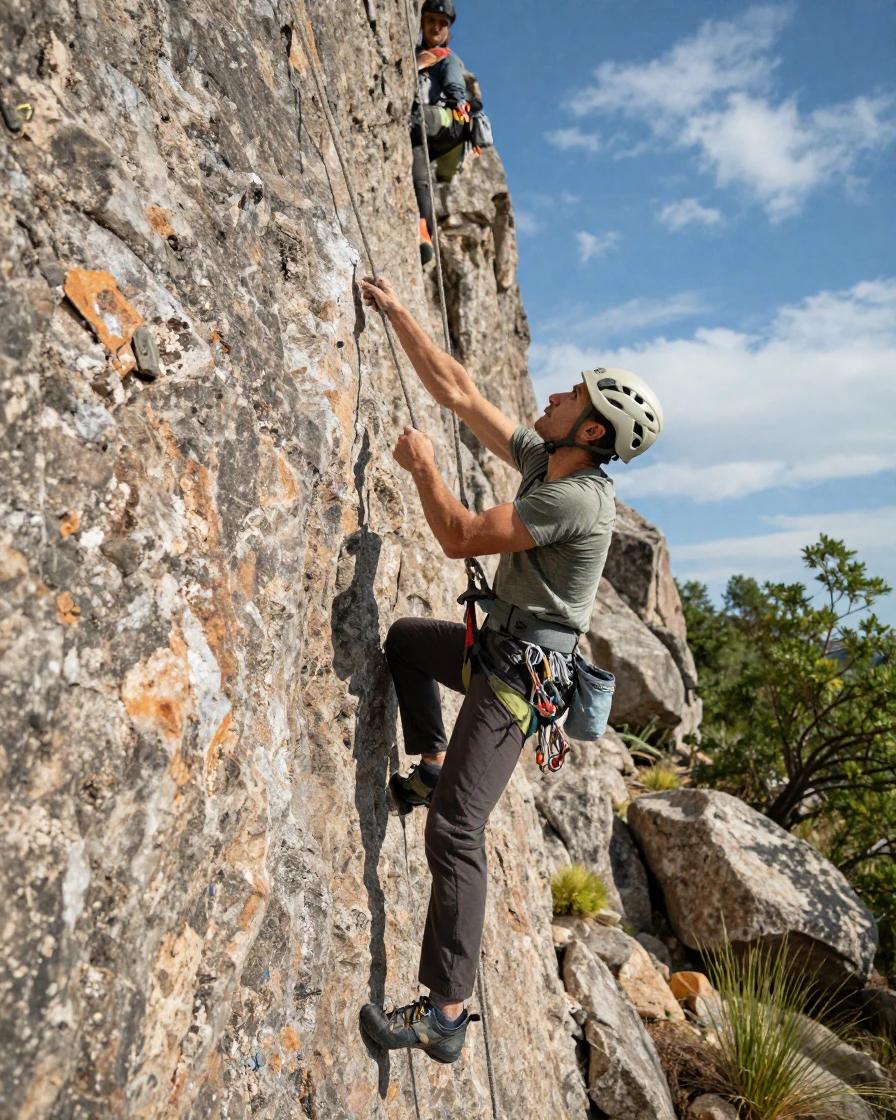 A rock climber belaying a partner at an outdoor crag.