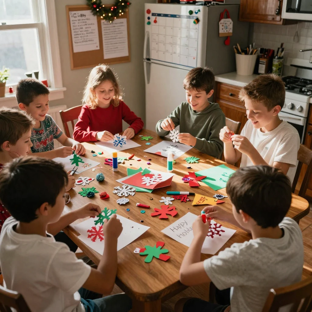 Children making holiday crafts together at a kitchen table.