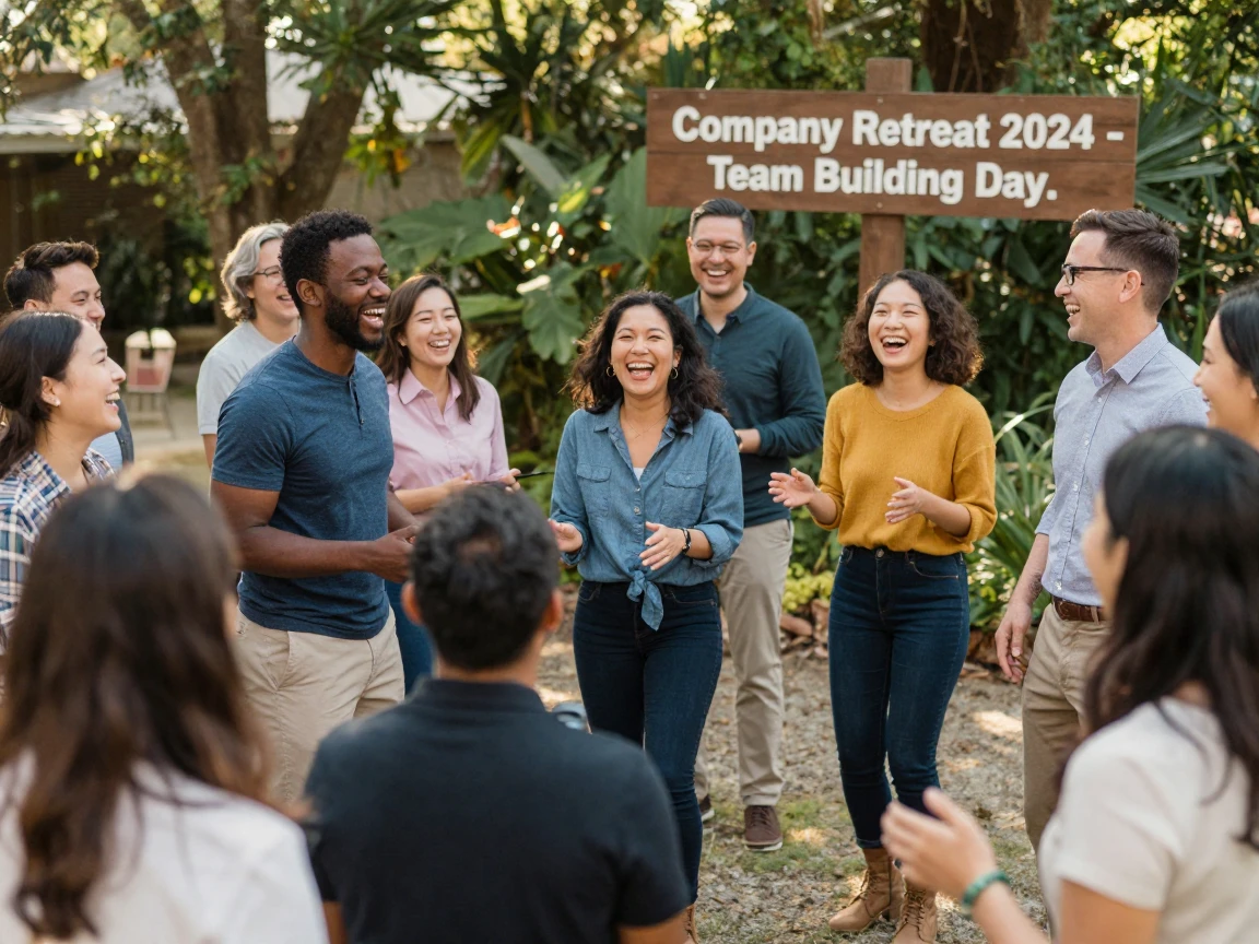 A diverse group of colleagues laughing during an icebreaker game at a company retreat.