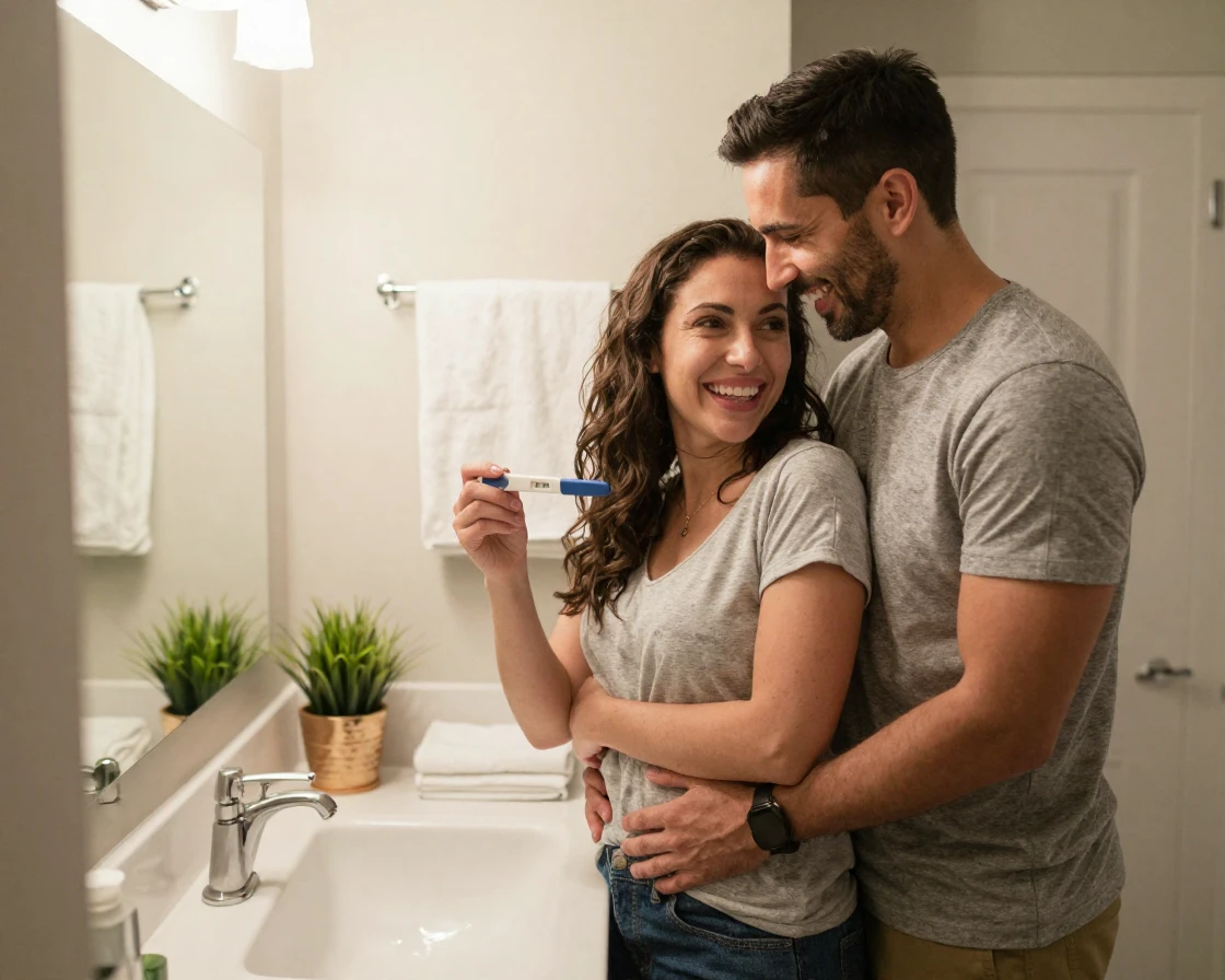 A couple celebrating a positive pregnancy test together in their bathroom.
