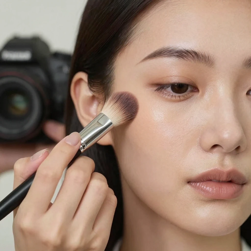 A close-up of a makeup artist blending contour on a model's cheekbone.