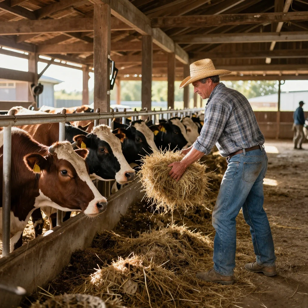 A farmer feeding hay to cows in an open barn.