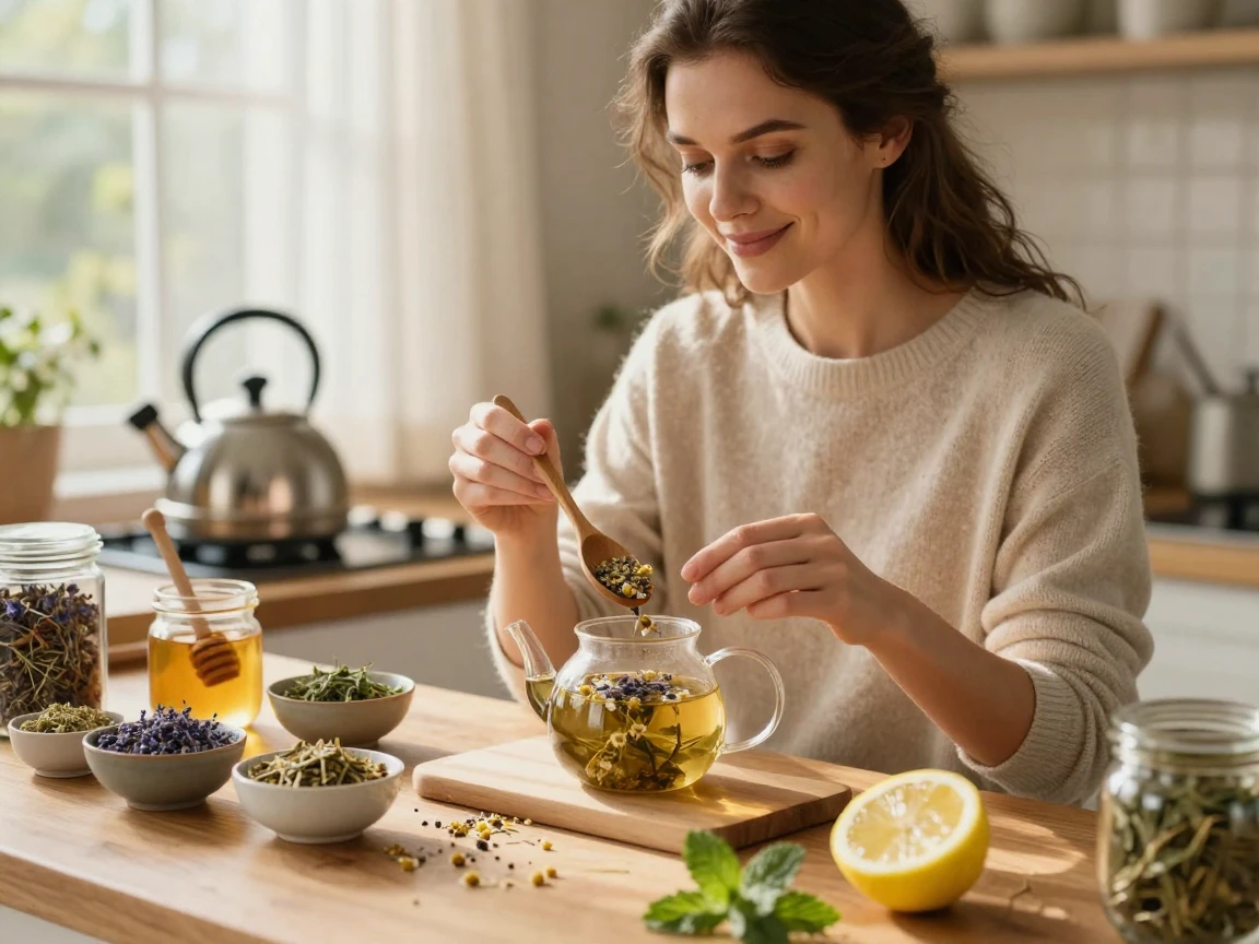 A woman preparing a herbal tea blend in her kitchen for relaxation.