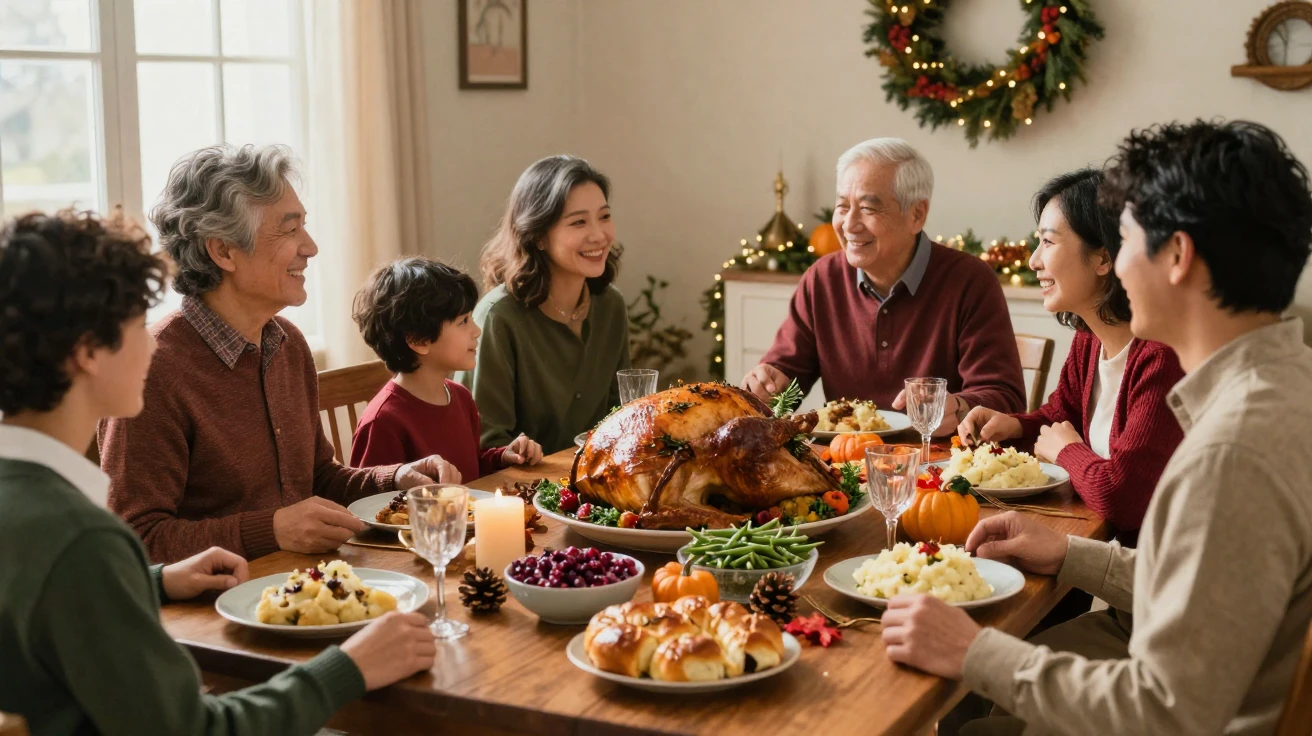 A family gathered around a table for a festive holiday feast.