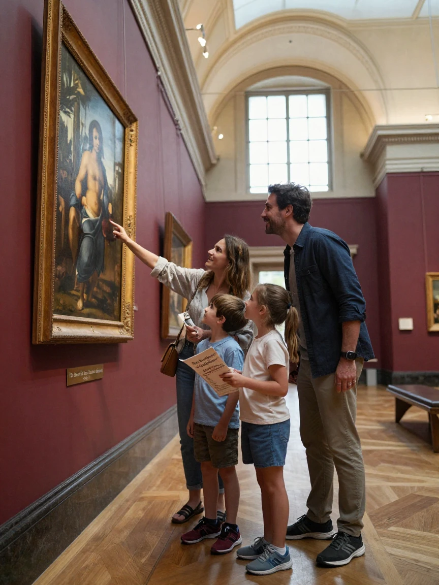 A family visiting a famous museum, admiring artwork together.