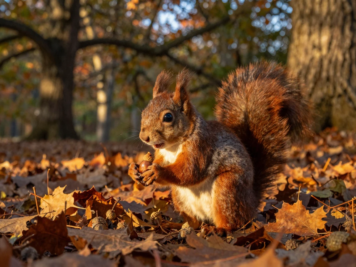 A close-up of a squirrel gathering acorns in a forest clearing.