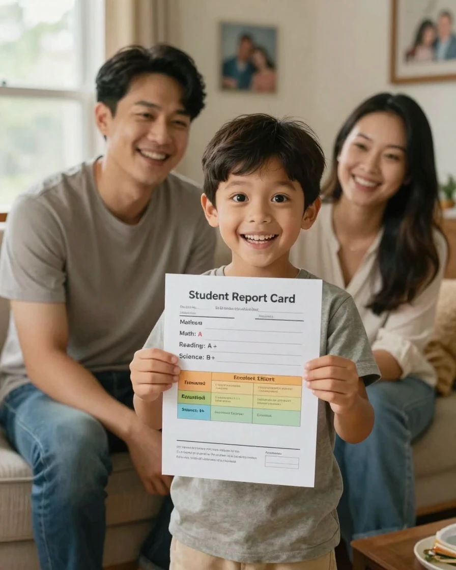 A child excitedly showing a report card to their parents.