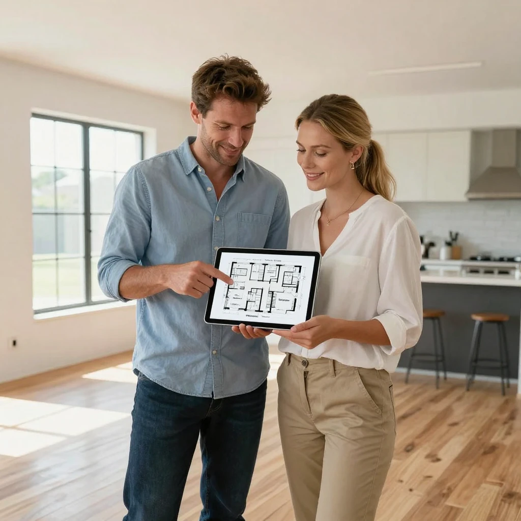 A couple reviewing floor plans on a tablet while touring a new build.