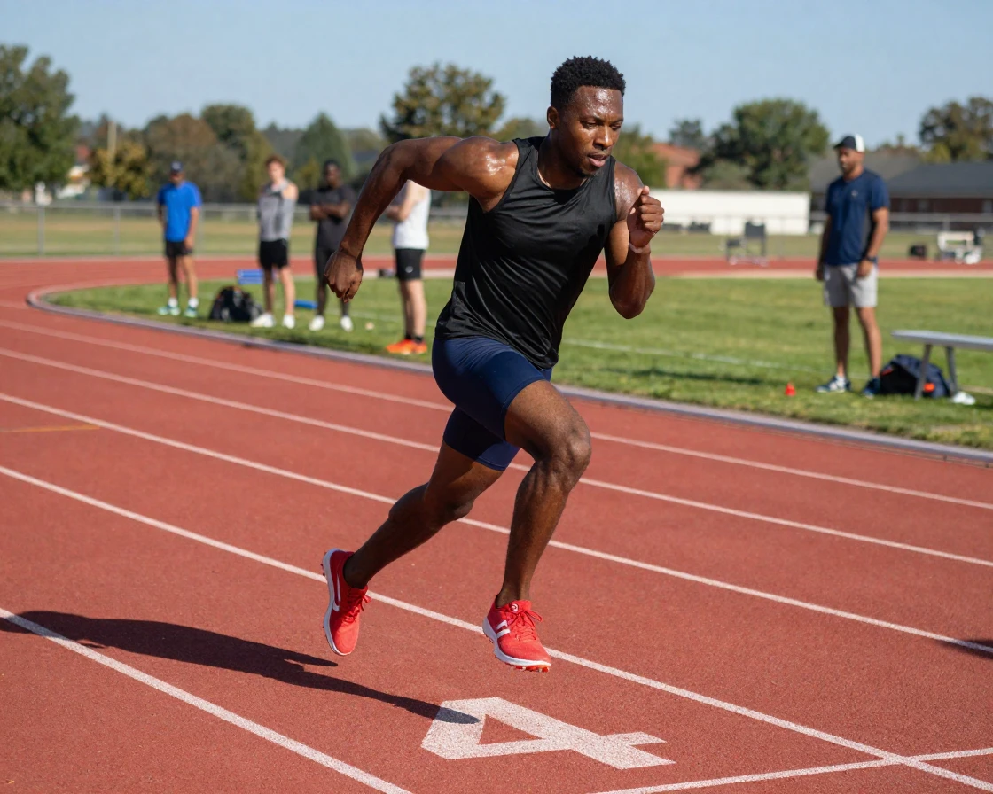 A man doing sprints on a track during interval training.