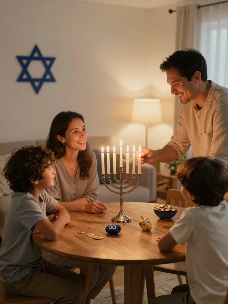 A family gathered to light the first candle of Hanukkah together.