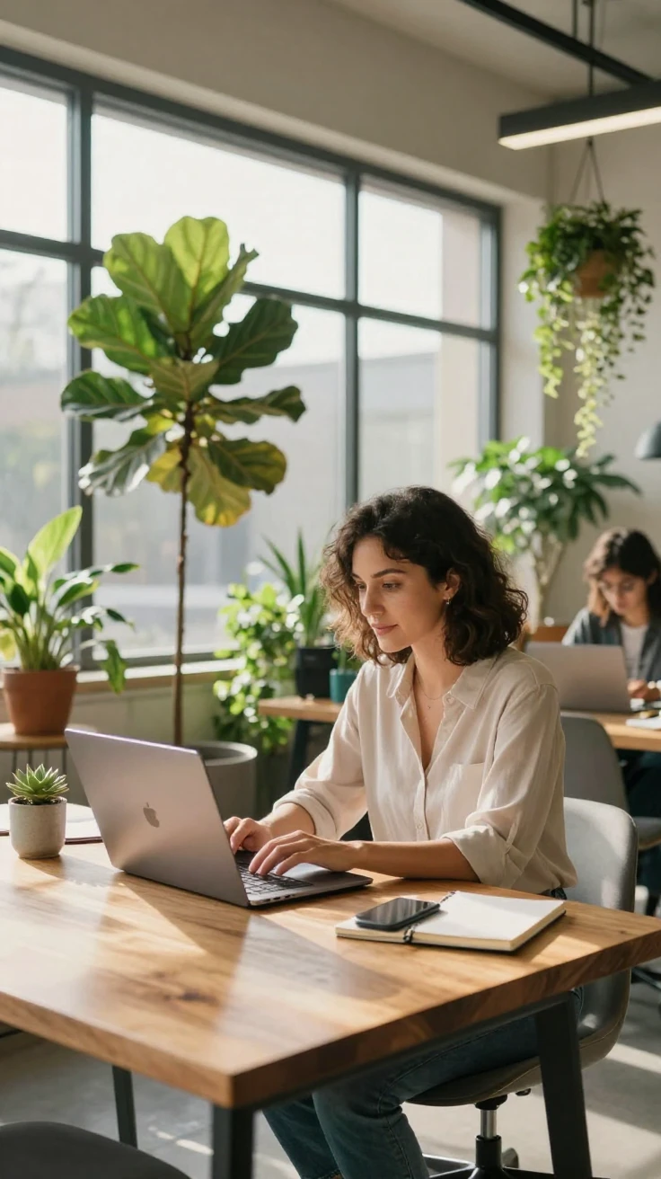 A woman working on a laptop at a shared coworking desk surrounded by plants and natural light.