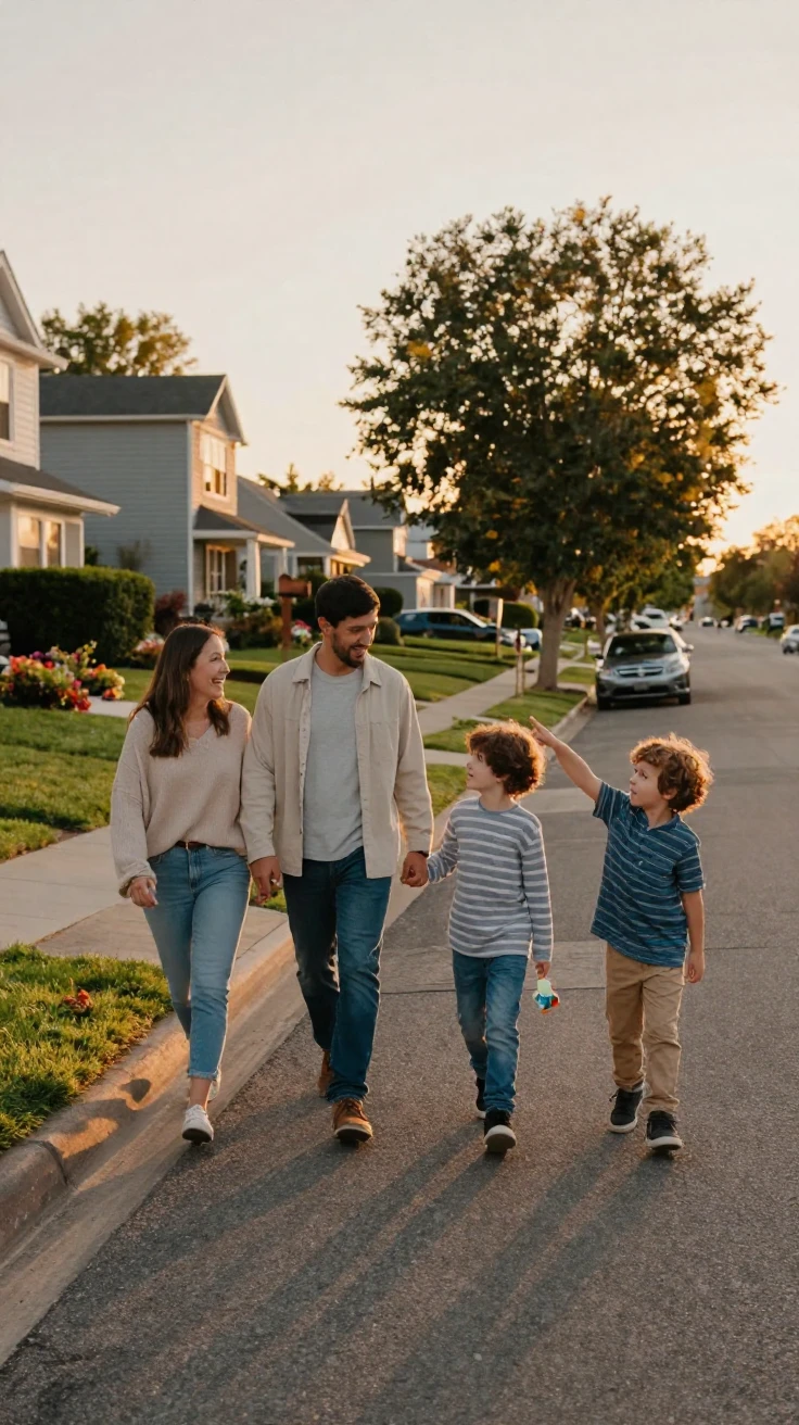 A family taking a sunset walk along a quiet neighborhood street.