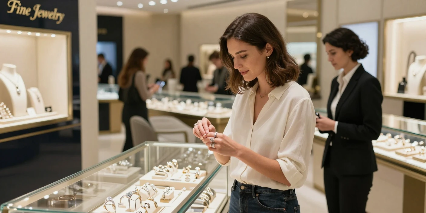 A woman trying on rings at a jewelry counter in a department store.