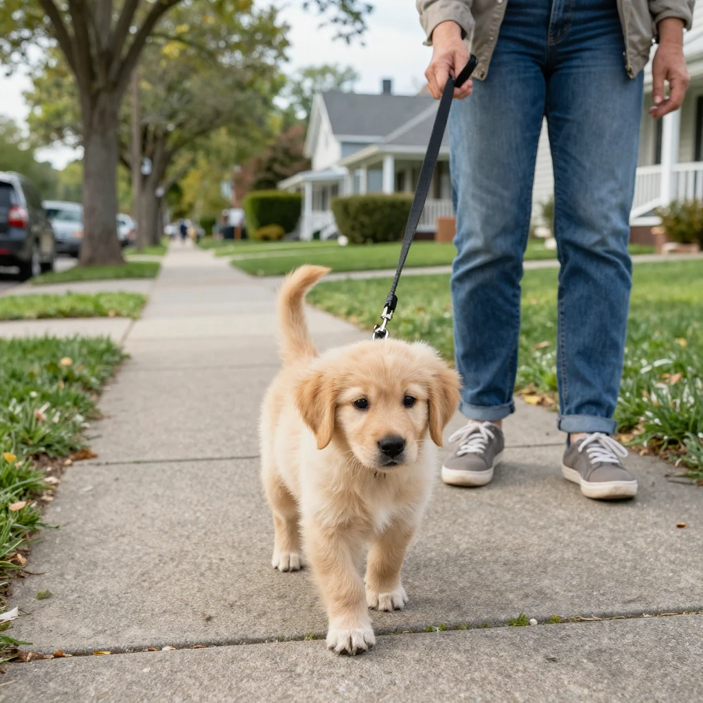 A puppy learning to walk on a leash for the first time.