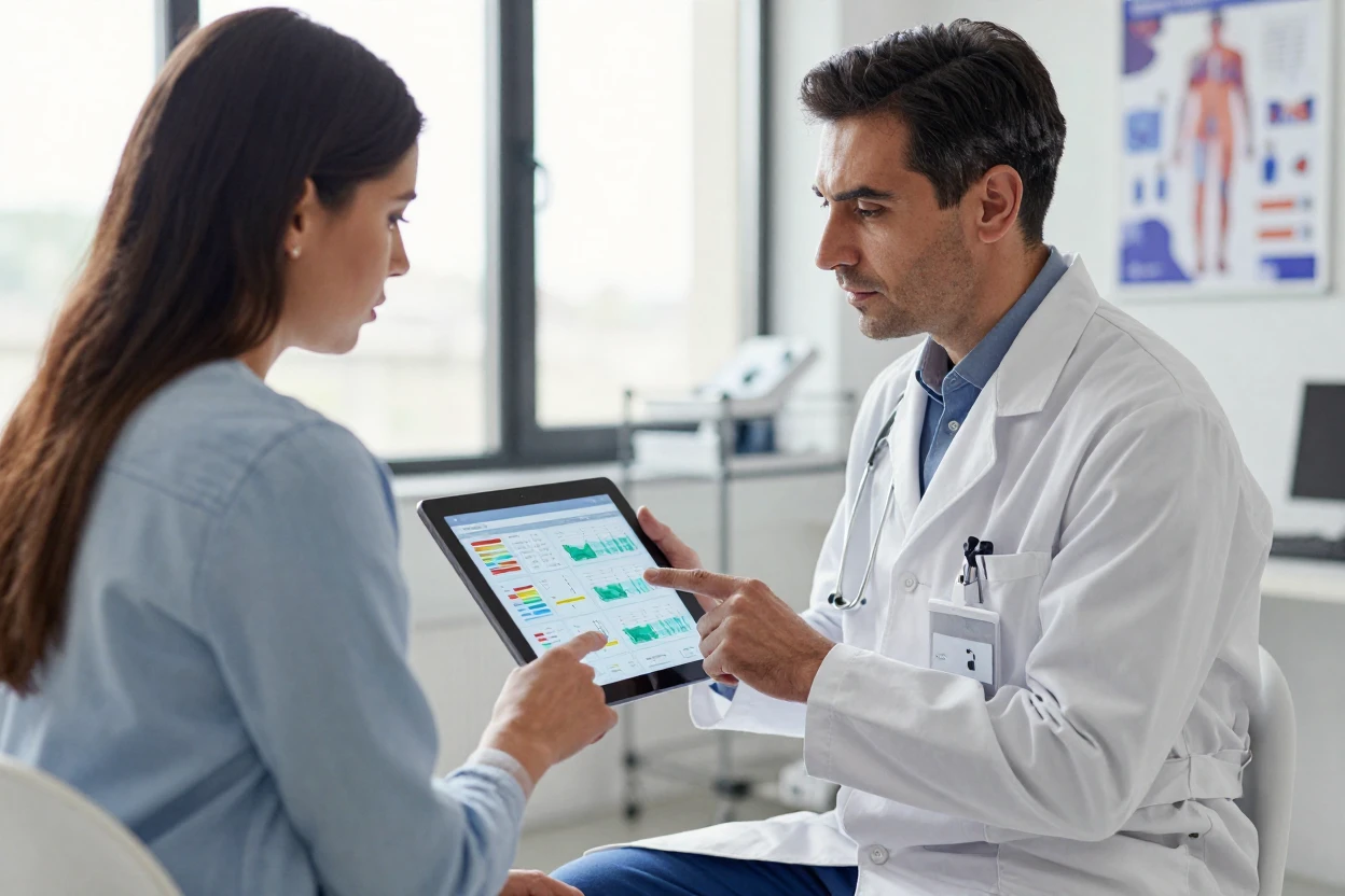 A doctor explaining test results to a patient using a tablet.