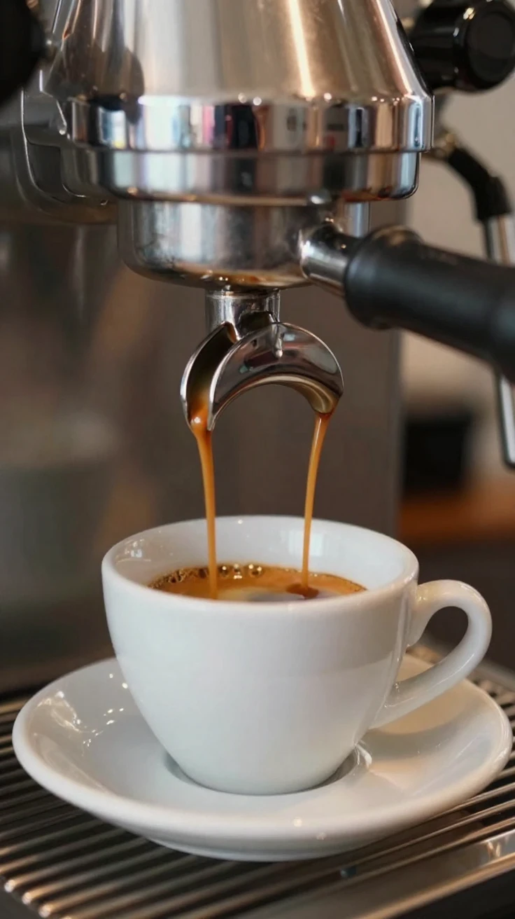 A close-up of an espresso shot pouring into a small cup.